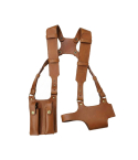 Tan leather shoulder harness holster with vertical pouch displayed on mannequin front view