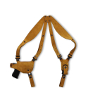 Brown leather horizontal shoulder holster with bullet carrier and adjustable leather harness displayed flat