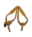 Tan suede horizontal shoulder holster with bullet carrier and adjustable suede harness displayed flat