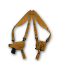 Tan suede horizontal shoulder holster with bullet carrier and adjustable suede harness displayed flat