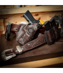 Texas BBQ Rig – Floral Hand-Carved Leather Gun Belt with 3-Piece Buckle, Open Top OWB Western Holster, and Double Carry Magazine Pouch