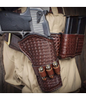 Basket Weave Hand Carved Leather Gun Belt - OWB Cross Draw Leather Western Holster With Double Carry Magazine Pouch