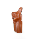 Custom Two Way OWB Leather Revolver Holster With Thumb Break – brown leather – front profile view