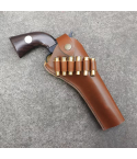 Vintage Western Leather Revolver Holster with Cartridge Loops – brown leather holster with revolver – angled front view