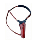 Brown western leather chest shoulder holster rig with ammo loops displayed on white