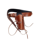 Brown leather revolver holster belt set shown from front angle with retention strap
