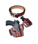 Woodgrain finish OWB leather belt holster with matching belt and magazine carrier set
