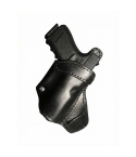 Black leather open-top cross draw holster with snap belt loop, shown at an angle