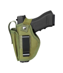 Army Green Nylon IWB OWB Holster With Mag Pouch front view with metal clip and retention strap