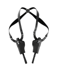 Black adjustable dual shoulder holster laid flat showing mirrored vertical holster design
