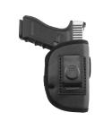 Black eco leather four way open top holster front view with clip attachment