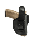 Black eco leather four way thumb break holster front view with mounted belt clip