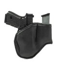 Black gecko grip IWB holster with mag carrier front view showing compact profile
