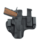 Black Leather Dual Carry Hunting Holster With Mag Pouch front view showing pistol fit, spare magazine pouch, and dual belt clips