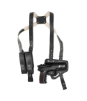 Black Leather Horizontal Shoulder Holster With Double Mag Pouch – full view – adjustable shoulder rig with thumb break holster and dual magazine pouch