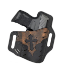 Black Leather OWB Holster With Arc Panel showing black leather belt slide body with brown Arc Angel accent and belt slots
