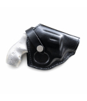 Black Leather OWB Holster With Retention Strap – worn on belt – molded black leather holster with snap strap