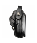 Black Leather OWB Holster With Retention Strap side profile showing belt loop attachment and stitched leather construction