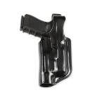 Black Leather OWB Light Bearing Holster front view with reinforced thumb break