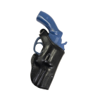 Black leather snub nose revolver belt holster with retention strap molded design
