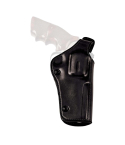 Black leather strongside crossdraw belt holster front view with thumb break strap