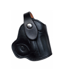 Black Leather Thumb Break Holster – front view – smooth black leather belt holster with snap retention strap