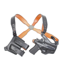 Black Leather Vertical Shoulder Holster Rig full view showing vertical holster and double magazine carrier