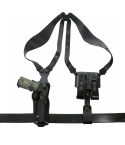 Black Leather Vertical Shoulder Holster System showing premium steerhide harness, vertical holster, and double magazine carrier
