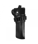 Black revolver holster front view with snap strap and cartridge loops