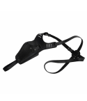 Black vertical shoulder holster laid flat showing adjustable harness and tie down strap
