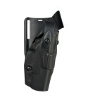 Black Low Ride Duty Belt Holster With Level Three Retention front view showing structured duty holster with retention hood
