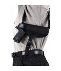 Black Nylon Horizontal Shoulder Holster worn on body showing side carry profile and adjustable support strap