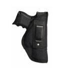 Black nylon hunting IWB holster front view showing metal belt clip and compact profile
