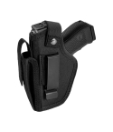 Black Nylon IWB OWB Holster With Mag Pouch front view with metal clip and retention strap
