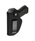 Black Nylon Universal IWB OWB Holster front view with metal belt clip and retention strap