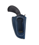 Blue Leather OWB Clip Holster front view with black metal clip and white contrast stitching
