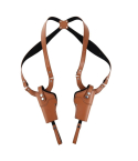 Brown adjustable dual shoulder holster laid flat showing mirrored vertical holster design