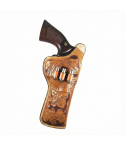 Brown duty leather holster with bullet loops showing OWB belt carry and reinforced thumb break retention