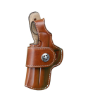 Brown Leather Driving Holster Left Hand – front view – smooth leather crossdraw holster with thumb break