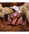 Brown Leather Dual Carry Holster shown in smooth Standard Saddle Brown vegetable oiled leather with white stitching and dual metal belt clips.
