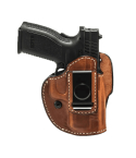 Brown leather four way open top hunting holster front view with belt clip