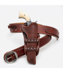 Brown Western Leather Revolver Holster Belt with Cartridge Loops – product front view – tooled brown leather holster, belt, buckle, and cartridge loop section