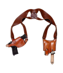 Brown leather horizontal shoulder holster with double mag carrier and adjustable harness