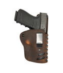 Brown Leather Hybrid OWB Holster With Reinforced Spine showing layered leather construction and belt slide slots
