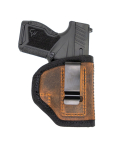 Brown Leather IWB Holster With Padded Back showing brown leather body, black trim, and metal belt clip