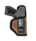 Brown Leather IWB Holster With Protective Backing showing brown leather body, black trim, and metal belt clip
