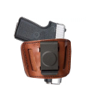 Brown leather IWB holster with steel belt clip front view showing concealed carry design
