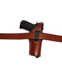 Brown leather IWB OWB hybrid holster worn on belt with metal clip
