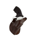 Brown Leather Thumb Break OWB Holster front angle view showing twin belt slots