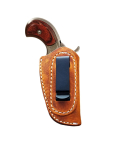 Brown Leather OWB Clip Holster front view with black metal clip and contrast stitching
